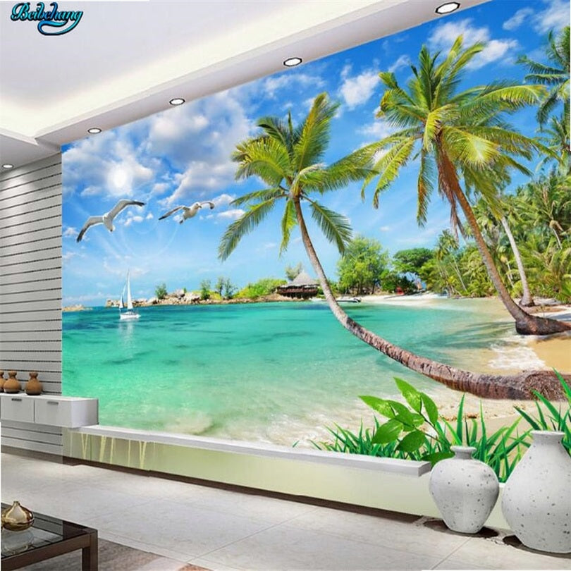 beibehang Custom Large Wallpapers Hawaiian Summer Coconut Tree Mediterranean Sea Landscape TV Wall Background