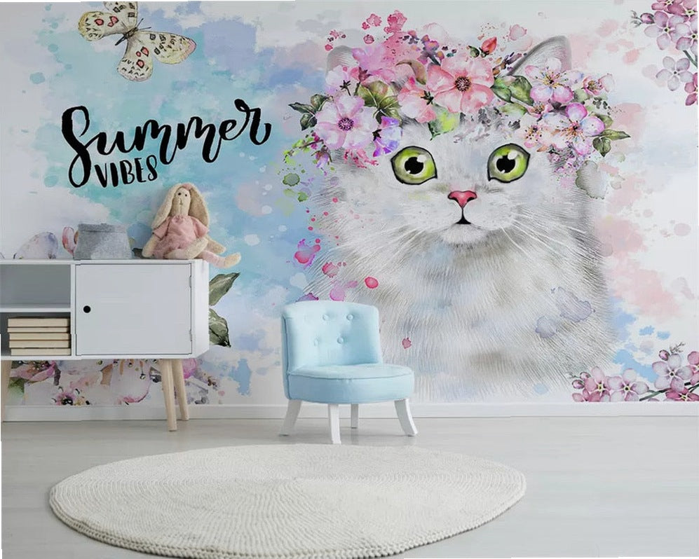 Custom beibehang 3d wallpaper hand-painted watercolor adorable cat dog pet animal children's room background papel de parede