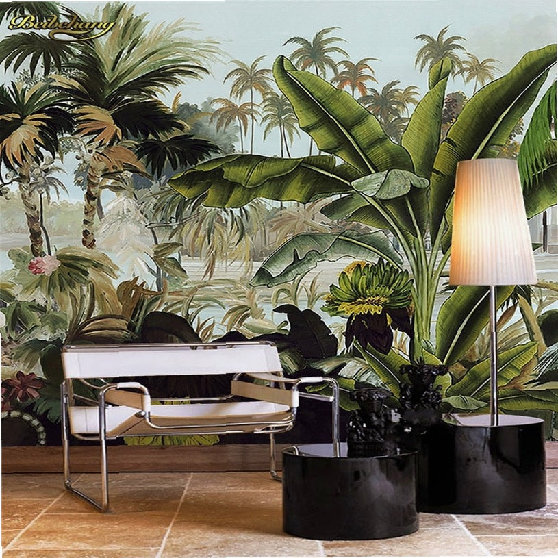 beibehang Custom Photo Mural Large Wallpaper Wall Decal Tropical Rainforest Green Coconut Tree Plant Background Wall Sticker