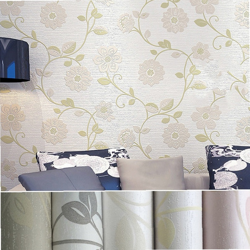 3D Non-woven Wallpaper 10 Meter Roll - Three-dimensional Romantic Pastoral Design for Bedroom Living Room TV Background Wall Decor