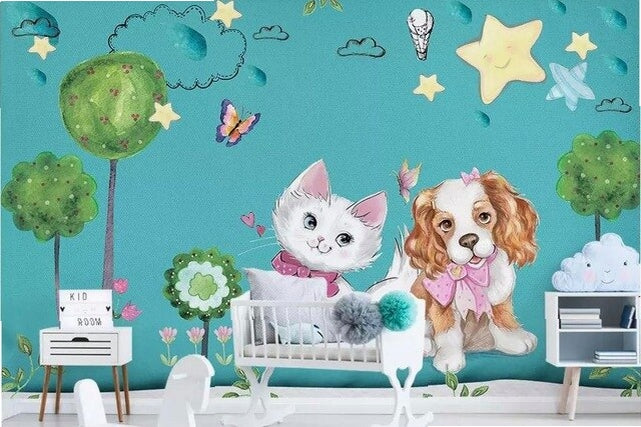 Custom beibehang 3d wallpaper hand-painted watercolor adorable cat dog pet animal children's room background papel de parede