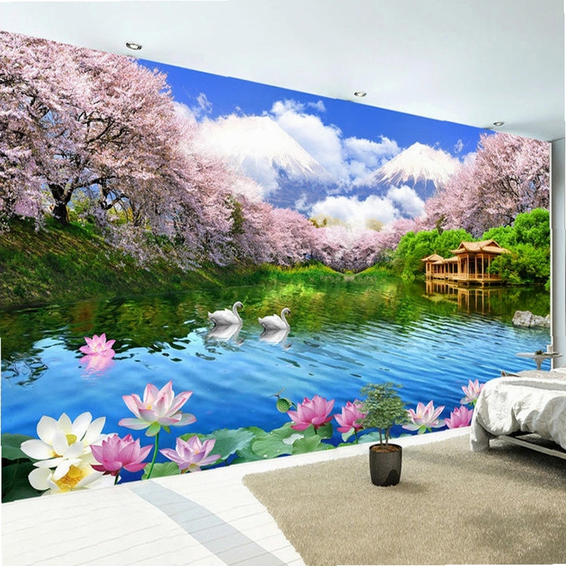 3D Cherry Blossom Swan Lake Landscape Photo Wallpaper Murals for Living Room Bedroom TV Sofa Background Wall Decor Papel De Parede